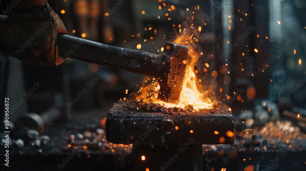 Poster a person is welding metal with a hammer, providing a close-up view of the process