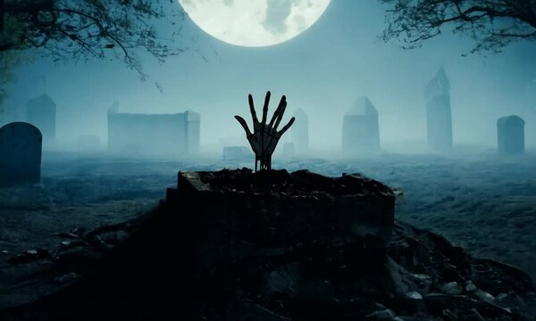 A hand is seen in the middle of a graveyard. The graveyard is dark and eerie, with a full moon shining in the background 4K Video