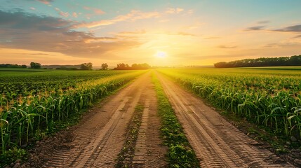 A scenic view of a dirt road leading through a lush cornfield as the sun sets in the distance, casting a warm golden glow over the landscape.