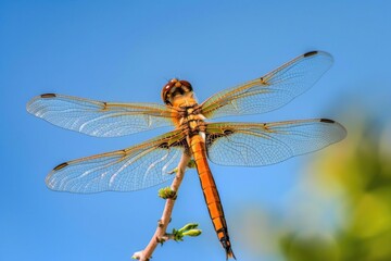 A dragonfly perches on a tree branch, enjoying the view