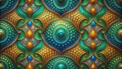 Vibrant, swirling patterns of interlocking scales in emerald green, sapphire blue, and amber hues create a mesmerizing, kaleidoscopic design on a metallic background.