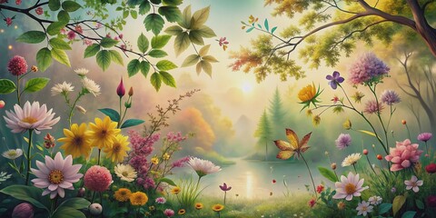 Serene collage of flowers, leaves, and trees on a soft gradient background, evoking a sense of peaceful mindfulness and connection with nature's beauty.