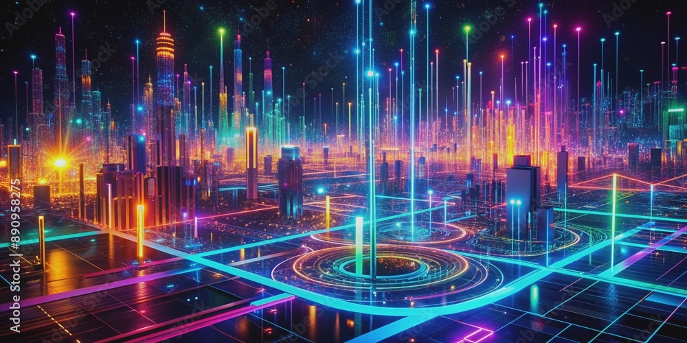 Aufkleber vibrant neon lights illuminate a futuristic digital landscape of swirling algorithms and circuits, e