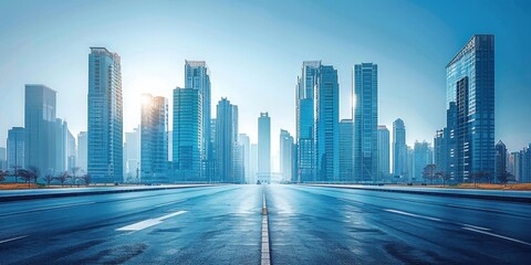 Obraz premium Cityscape with an Empty Road Leading to Modern Skyscrapers