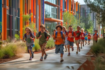 Children Running Down A Colorful School Corridor