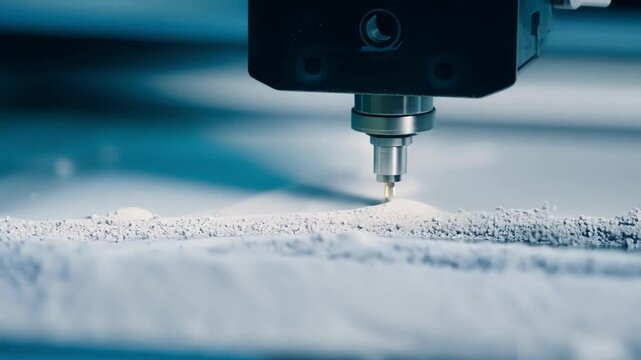 Extreme closeup of a binder jetting 3D printer using a liquid binding agent to fuse layers of powder material together into a solid object.