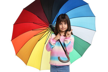 Cute little girl with colorful umbrella on white background