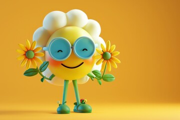 Cartoon character with sunglasses holding a sunflower on a vibrant yellow background, symbolizing sunny travel vibes and positive energy