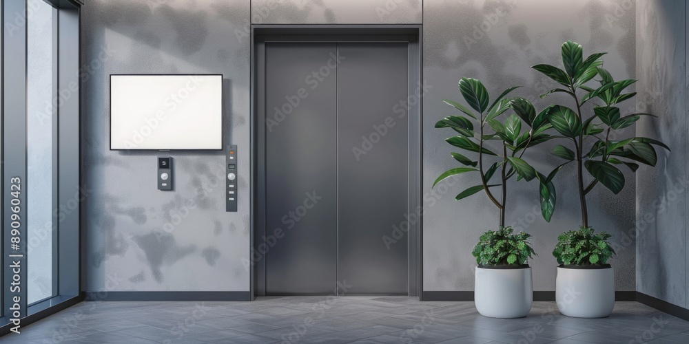 Poster An elevator with two planters in front of it, suitable for office or residential use