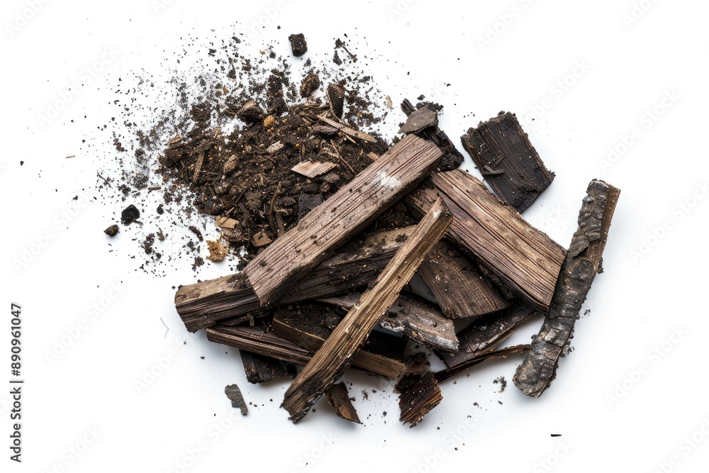 Poster a pile of wood and dirt on a white surface, suitable for use as a prop or set dressing in photograph
