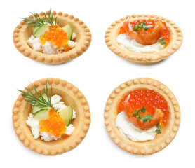 Different canapes isolated on white, top and side views