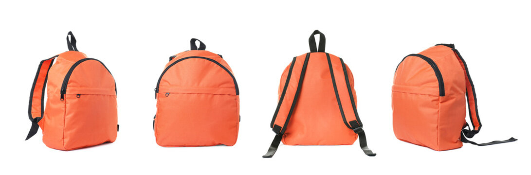 Bright orange backpack isolated on white, view from different sides