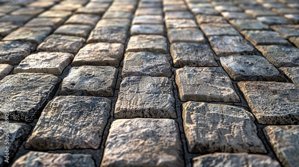 Poster a close-up view of a worn cobblestone sidewalk with texture and character