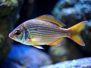 Fototapeta premium fish in aquarium, underwater, sea, tropical, animal, ocean, nature, goldfish, marine, reef, coral, blue, colorful, swim, aquatic