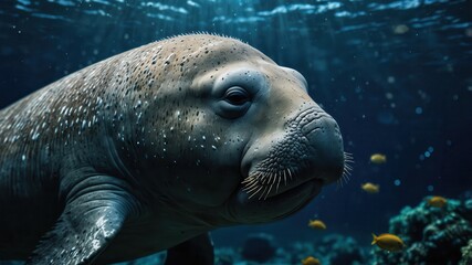 Fototapeta premium close-up of an Dugong, cinematic, deep sea background