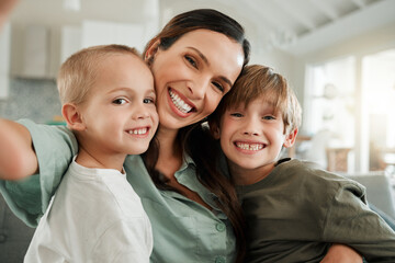 Love, selfie and smile with family on sofa in living room of home together for bonding, fun or game. Memory, profile picture or social media with happy mother and sibling boy children in apartment