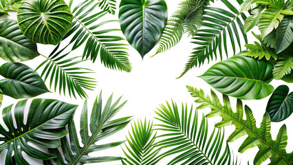 Tropical green leaves frame on white background.  Concepts. nature, summer, jungle, and tropical.