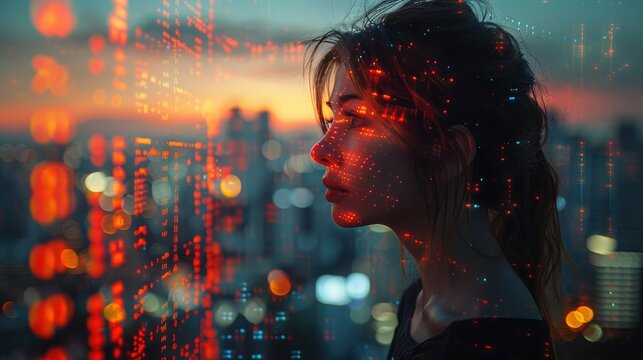 Woman's profile with digital overlay against cityscape background, representing technology, futuristic themes, and urban innovation. - Powered by Adobe
