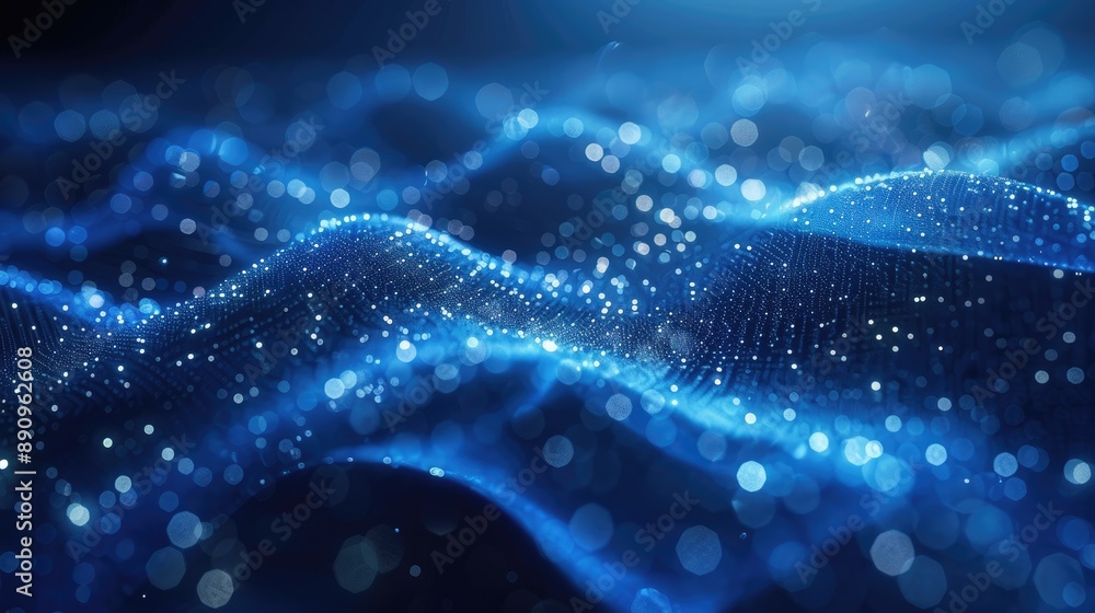 Poster abstract blue glowing waves with sparkles representing digital data flow, technology network, and fu
