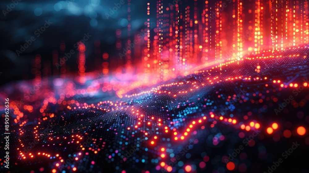 Poster abstract digital data particles in futuristic style with vibrant red and blue lights, representing t