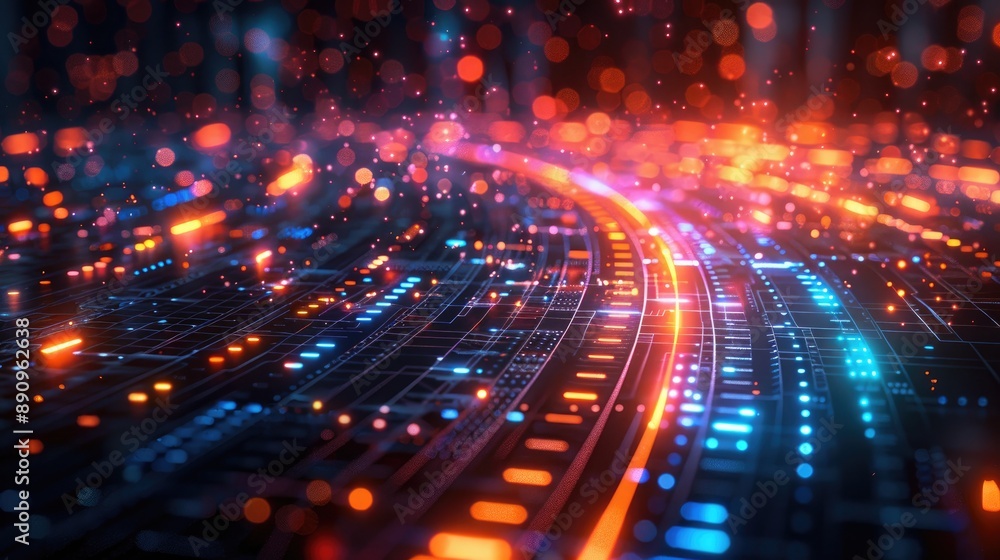 Poster abstract digital data flow with vibrant neon lights, representing technology, communication, and fut