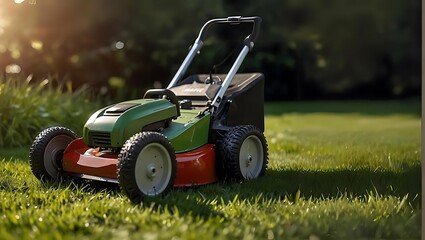 Lawn mover on green grass || Close-up of Lawn mover on a Sunny Day || AI Generated