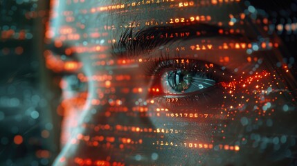 Close-up of a focused eye with digital code overlay, representing technology, cybersecurity, and data analysis concepts.