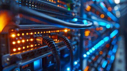 Close-up of server racks with connected LAN cables and glowing indicator lights.