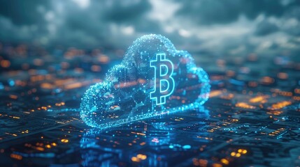 Digital cloud with a Bitcoin symbol representing cryptocurrency and blockchain technology over a futuristic cityscape with glowing elements.