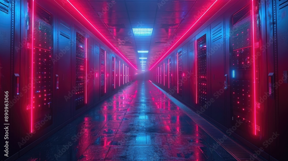 Poster futuristic data center hallway with neon lights and server racks, creating a high-tech, sci-fi atmos