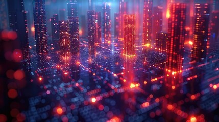 Futuristic cityscape with glowing lights and digital elements, showcasing advanced technology and cyberpunk aesthetics.