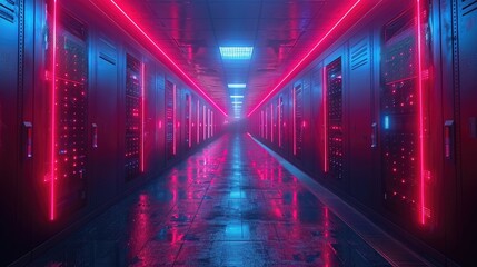 Futuristic data center hallway with neon lights and server racks, creating a high-tech, sci-fi atmosphere and vibrant visual appeal.