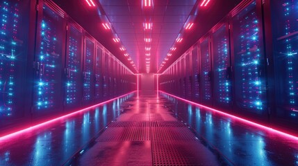 Futuristic data center with neon lights and server racks, showcasing advanced technology and high-speed data processing environment.