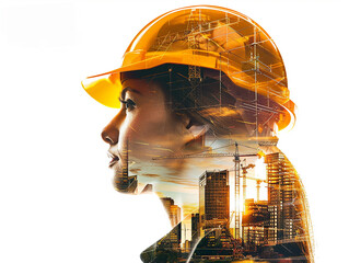 young woman in a yellow construction helmet against the background of construction workshop