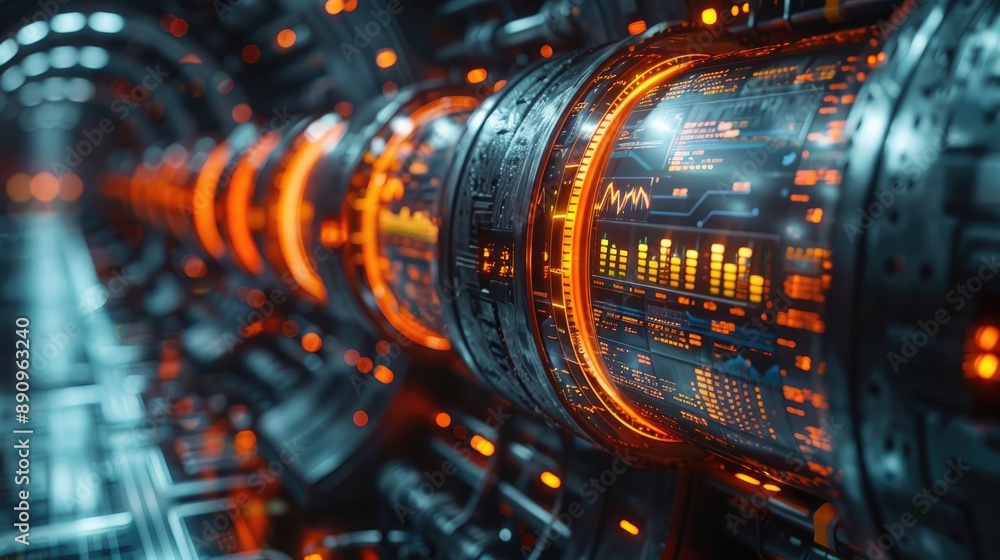 Poster futuristic technology interface with glowing orange data displays on a series of cylindrical devices