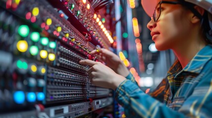 A person connecting a network switch in a tech-savvy environment with various colored LED indicators.