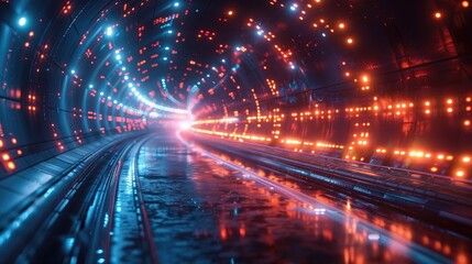 Futuristic tunnel with glowing lights and reflective surface, creating a sci-fi ambiance, perfect for technology and digital themes.