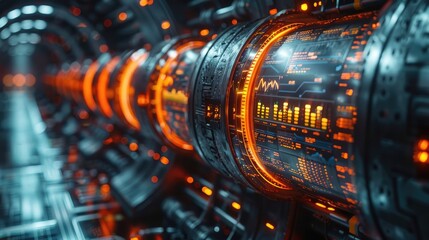 Futuristic technology interface with glowing orange data displays on a series of cylindrical devices in a high-tech environment.