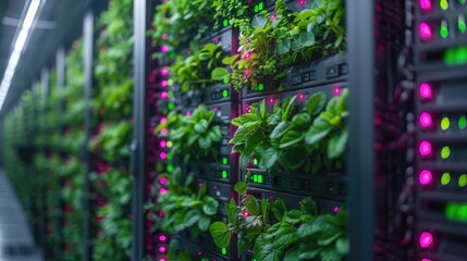 Greenhouse concept with plants growing on server racks, symbolizing eco-friendly data centers and sustainable technology.