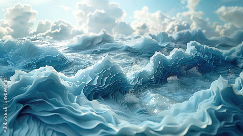 Poster stunning 3d render of abstract ocean waves and clouds creating a surreal, calm, and ethereal scene p