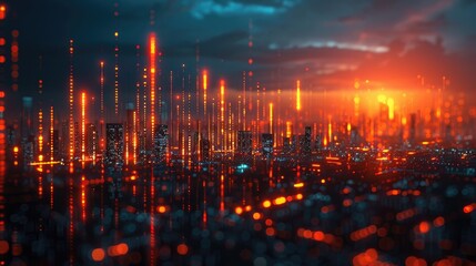Stunning futuristic cityscape at dusk with vibrant digital lights, depicting the concept of modern technology and innovation.