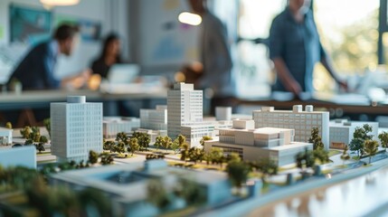 Obraz premium real estate developers, architects and businessmen team working on new business buildings project in office. complex scale model on the table