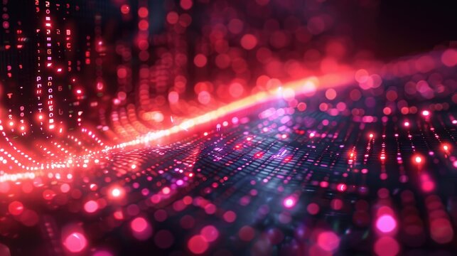 Vibrant digital data visualization with glowing red particles forming abstract dynamic wave patterns in a futuristic technology background.
