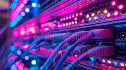A close-up of organized LAN cables connected to network devices with vibrant LED lights.