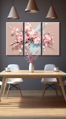 3 panels wall art, 3D azahar flower botanical drawing, wall decoration  