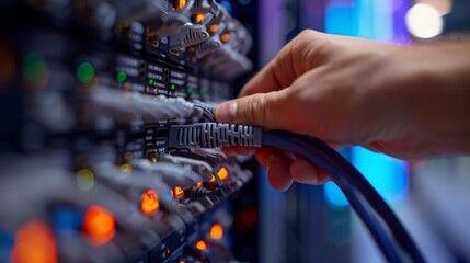 Close-up of a hand plugging an Internet LAN cable into a network switch.