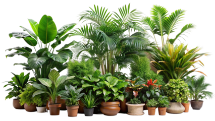Variety of lush green houseplants in terracotta pots, isolated on white. Concept of home decor, urban jungle, indoor garden, and plant care.