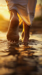 A close up of Jesus Christ's feet as he walks on water during a golden sunset. Concept of faith and Christianity