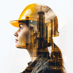 young woman in a yellow construction helmet against the background of construction workshop