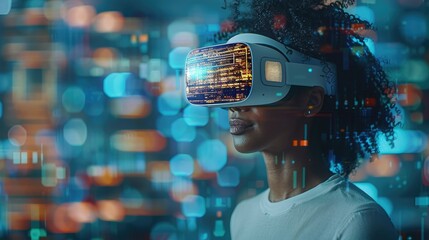 Woman wearing virtual reality headset with futuristic cityscape in background, exploring augmented digital world.